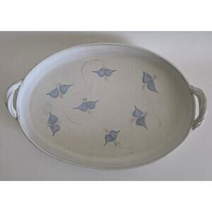 Handmade Pottery Serving Tray Cottage Style w/ Blue Floral Motif 14x10